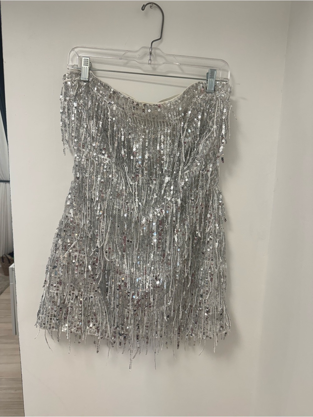 Lulu's Silver Sequin & Fringe Strapless Mini Dress